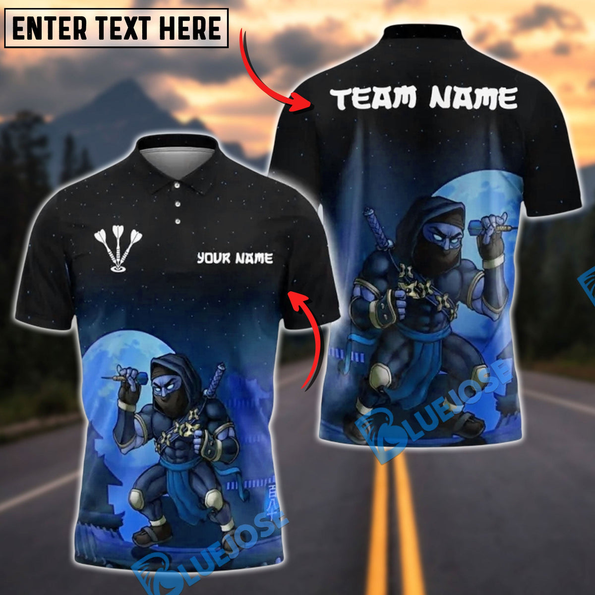 BlueJose Darts Shadow Ninja Customized Name, Team Name 3D Shirt (4 Colors)