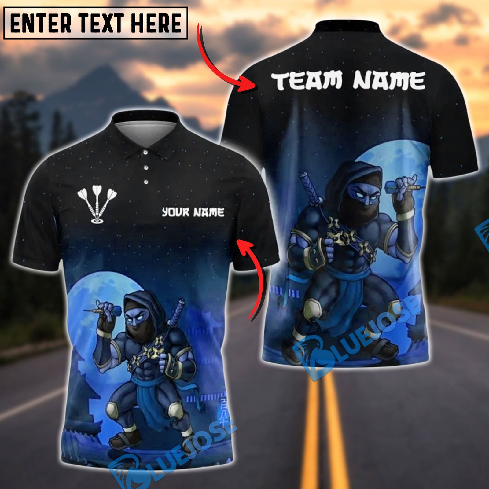 BlueJose Darts Shadow Ninja Customized Name, Team Name 3D Shirt (4 Colors)