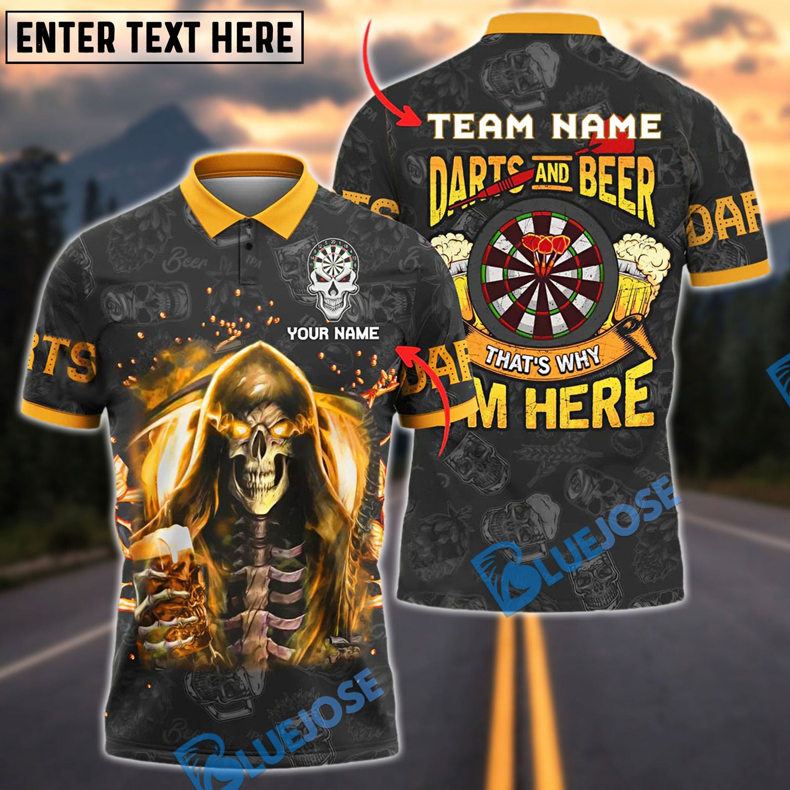 BlueJose Darts Fire Skull Beer Personalized Name, Team Name Shirt