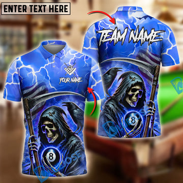BlueJose Billiards 8-Ball Pool Thunder Skull Reaper Personalized Name Shirt (4 Colors)