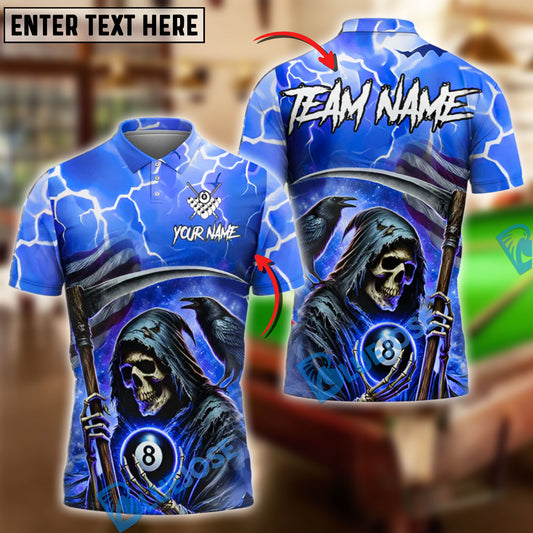 BlueJose Billiards 8-Ball Pool Thunder Skull Reaper Personalized Name Shirt (4 Colors)