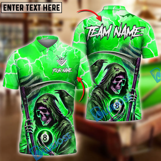 BlueJose Billiards 8-Ball Pool Thunder Skull Reaper Personalized Name Shirt (4 Colors)