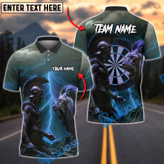 BlueJose Darts Spartan Warrior vs Lion Customized Name, Team Name 3D Shirt (4 Colors)