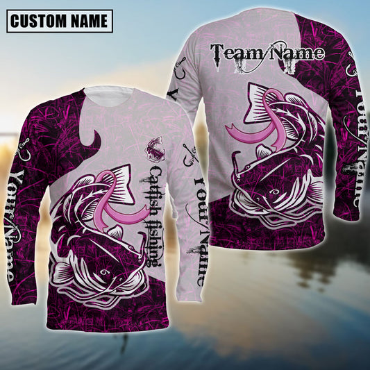 Bluejose Catfish Fishing Breast Cancer Ribbon Pink Camo Custom Name & Team Name 3D Shirts