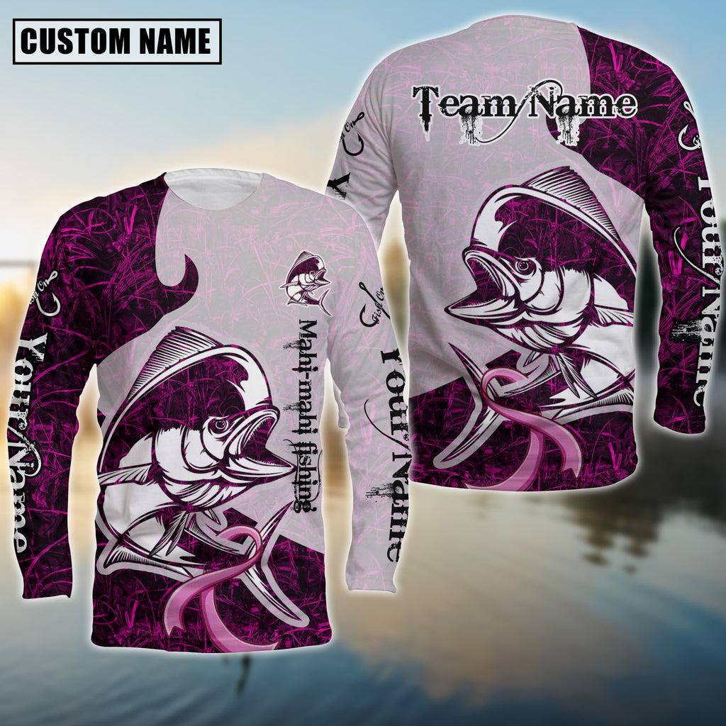 Bluejose Mahi-Mahi Fishing Breast Cancer Ribbon Pink Camo Custom Name &amp; Team Name 3D Shirts