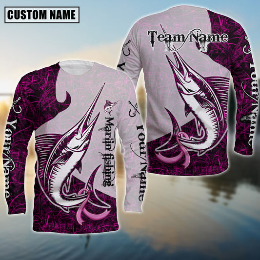 Bluejose Marlin Fishing Breast Cancer Ribbon Pink Camo Custom Name & Team Name 3D Shirts