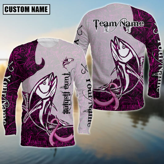 Bluejose Tuna Fishing Breast Cancer Ribbon Pink Camo Custom Name & Team Name 3D Shirts