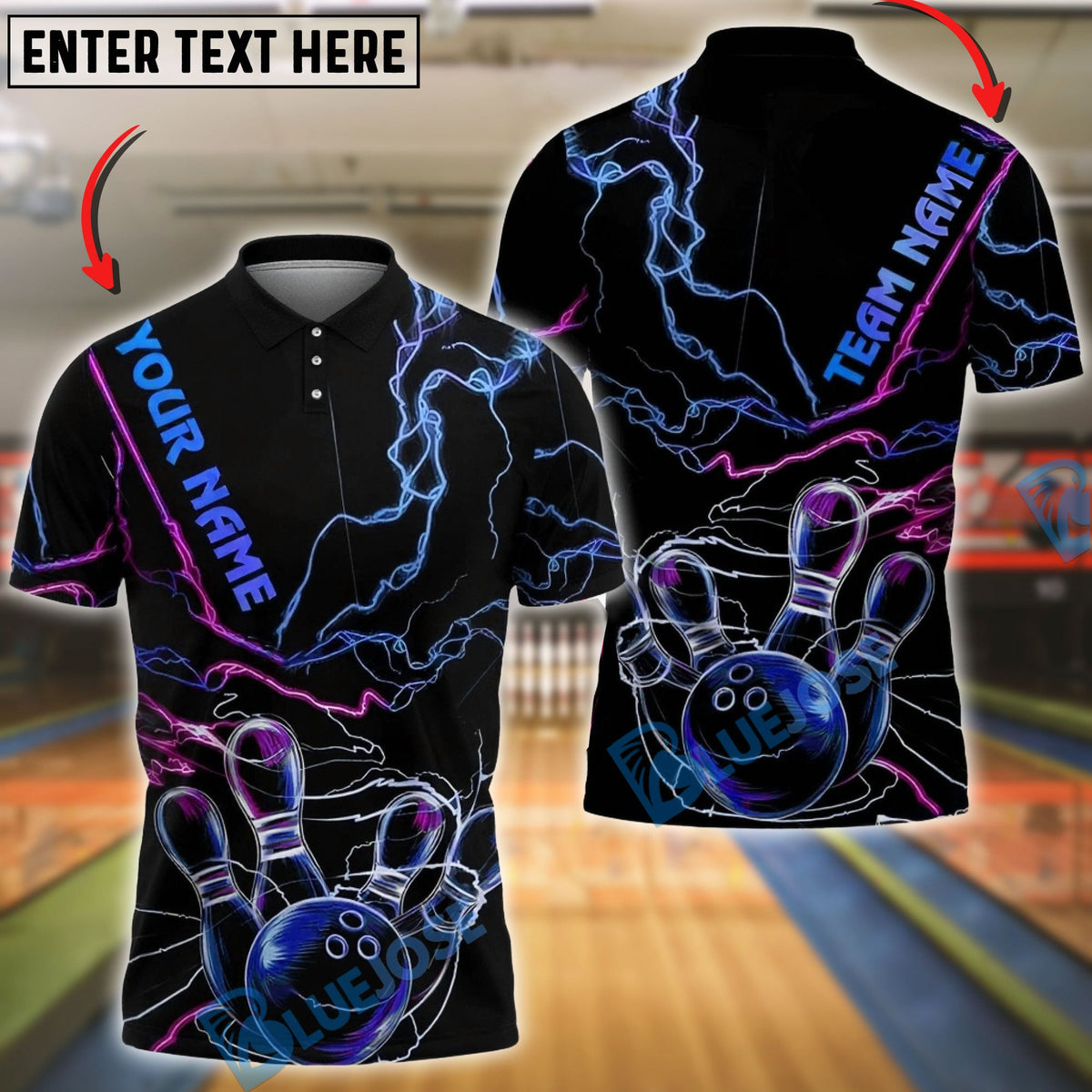 BlueJose Bowling & Pins Neon Thunder Lightning Customized Name, Team Name 3D Shirt (4 Colors)