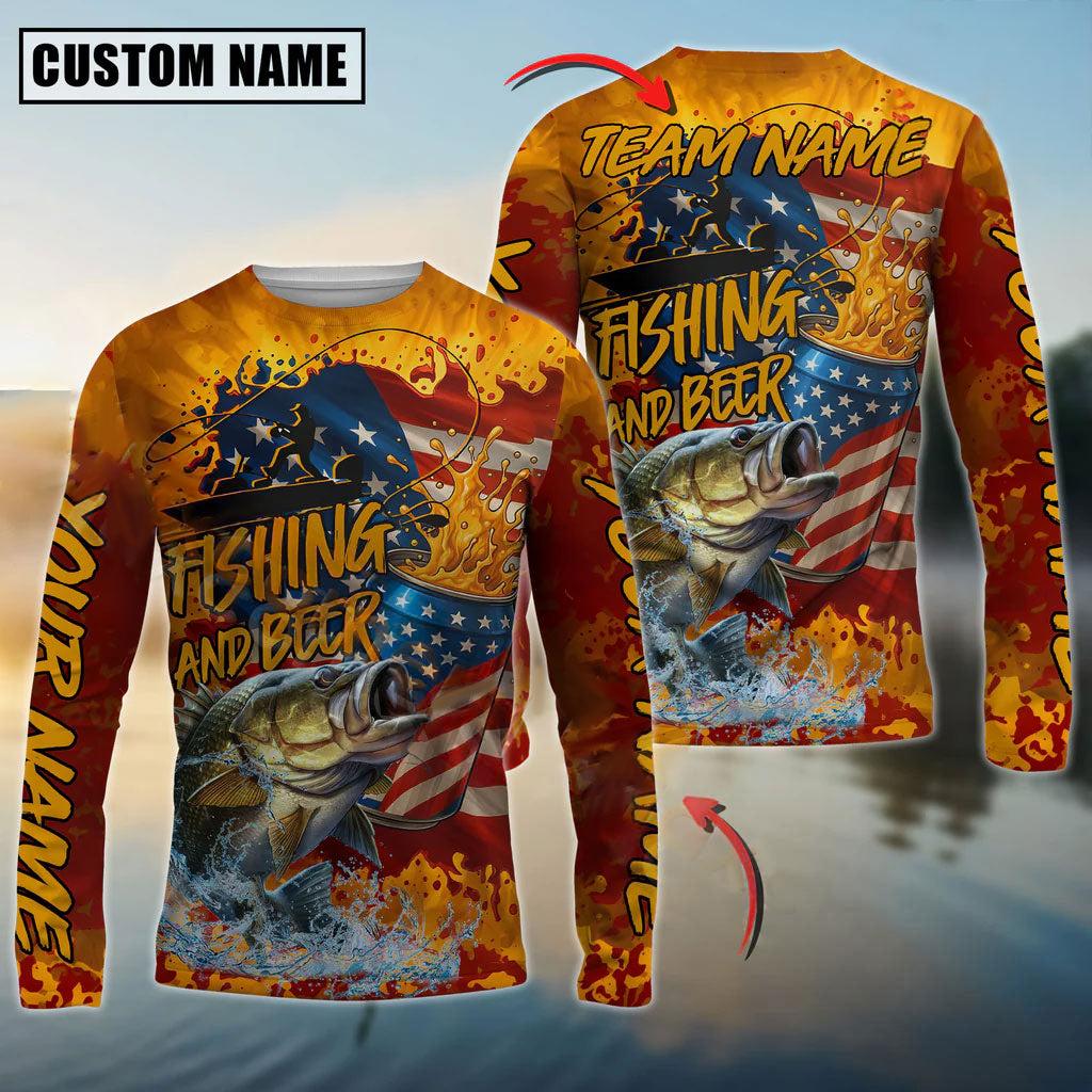 Bluejose Bass Fishing Beer Bottles &amp; American Flag Design Custom Name &amp; Team Name 3D Shirts