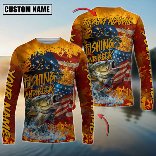Bluejose Bass Fishing Beer Bottles & American Flag Design Custom Name & Team Name 3D Shirts