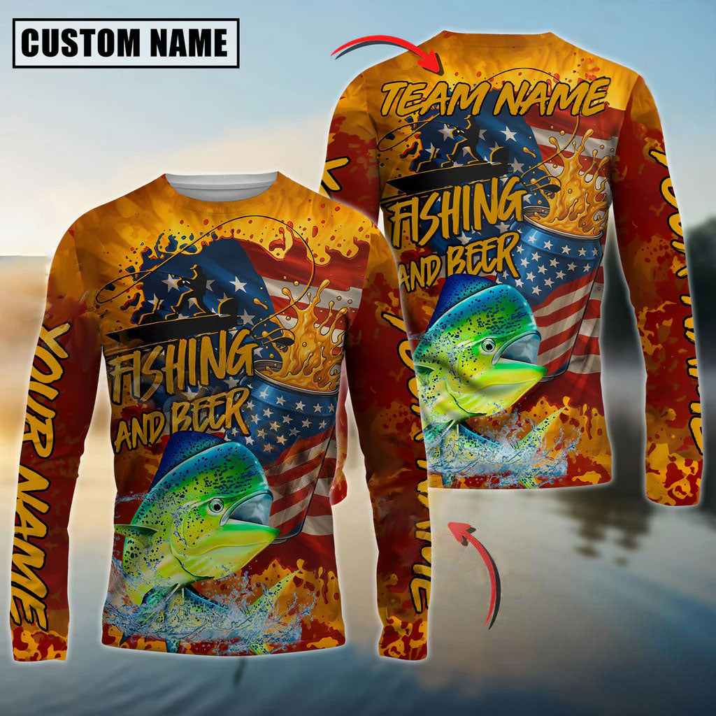 Bluejose Mahi-Mahi Fishing Beer Bottles &amp; American Flag Design Custom Name &amp; Team Name 3D Shirts
