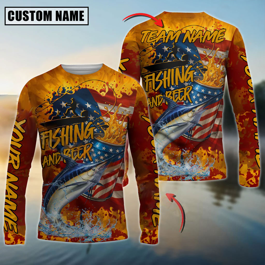 Bluejose Marlin Fishing Beer Bottles &amp; American Flag Design Custom Name &amp; Team Name 3D Shirts