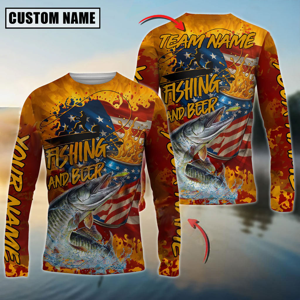 Bluejose Musky Fishing Beer Bottles &amp; American Flag Design Custom Name &amp; Team Name 3D Shirts