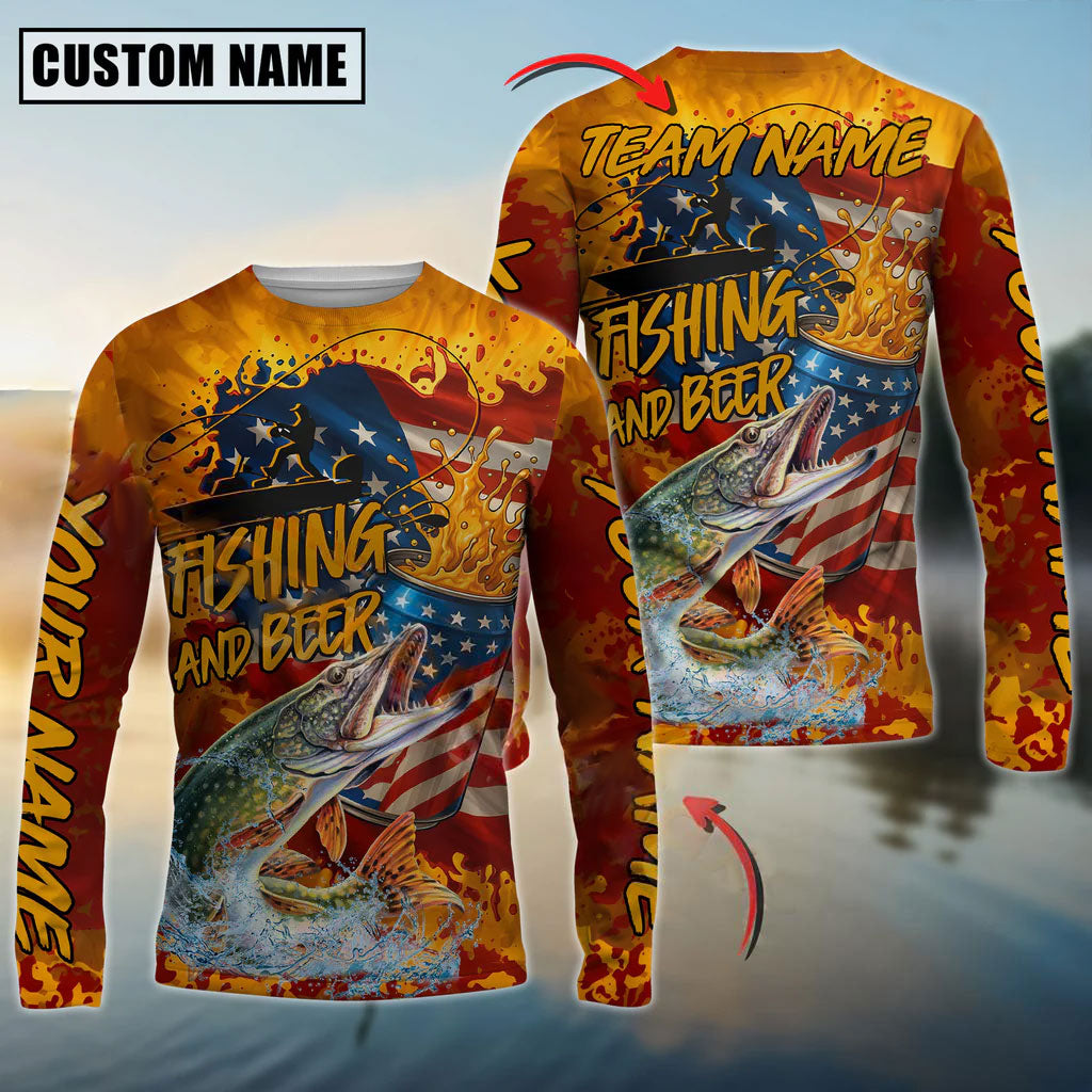 Bluejose Pike Fishing Beer Bottles &amp; American Flag Design Custom Name &amp; Team Name 3D Shirts
