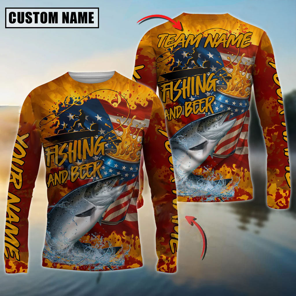 Bluejose Salmon Fishing Beer Bottles &amp; American Flag Design Custom Name &amp; Team Name 3D Shirts
