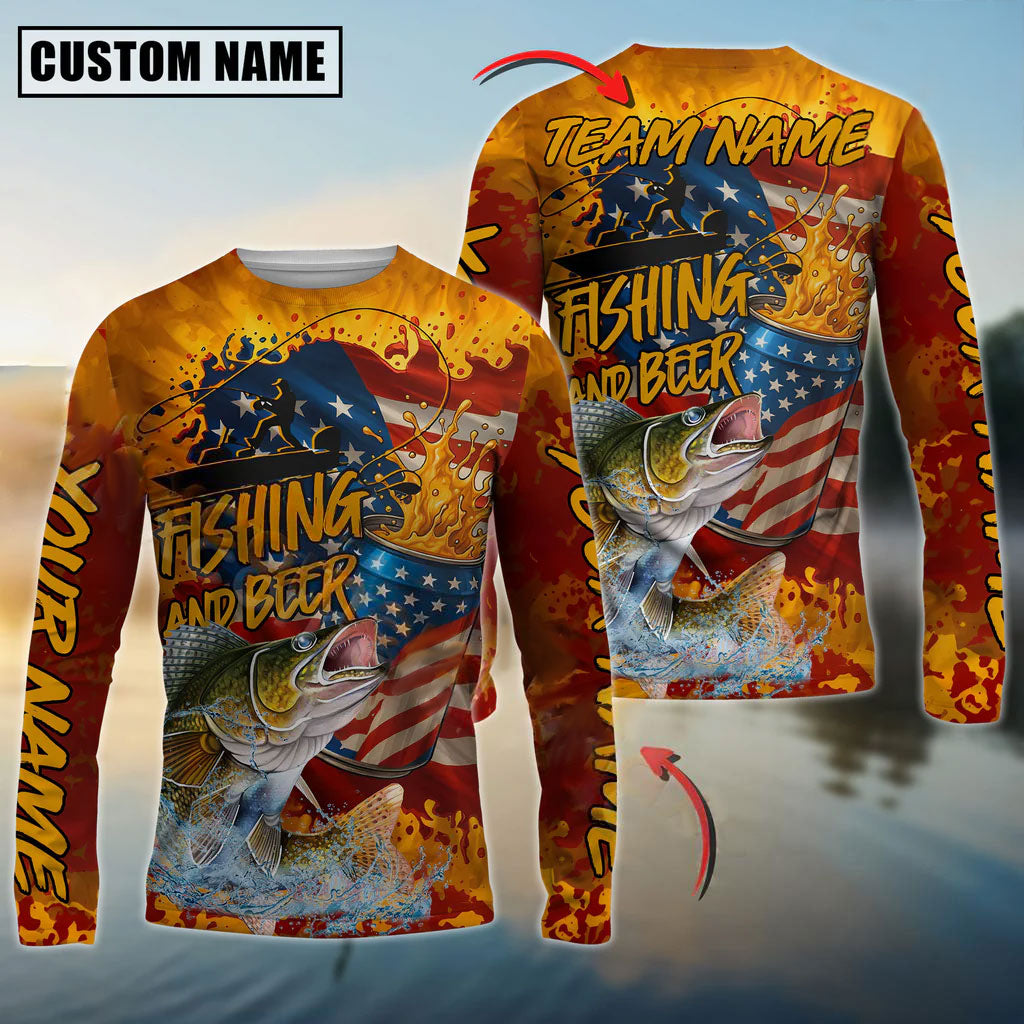 Bluejose Walleye Fishing Beer Bottles &amp; American Flag Design Custom Name &amp; Team Name 3D Shirts