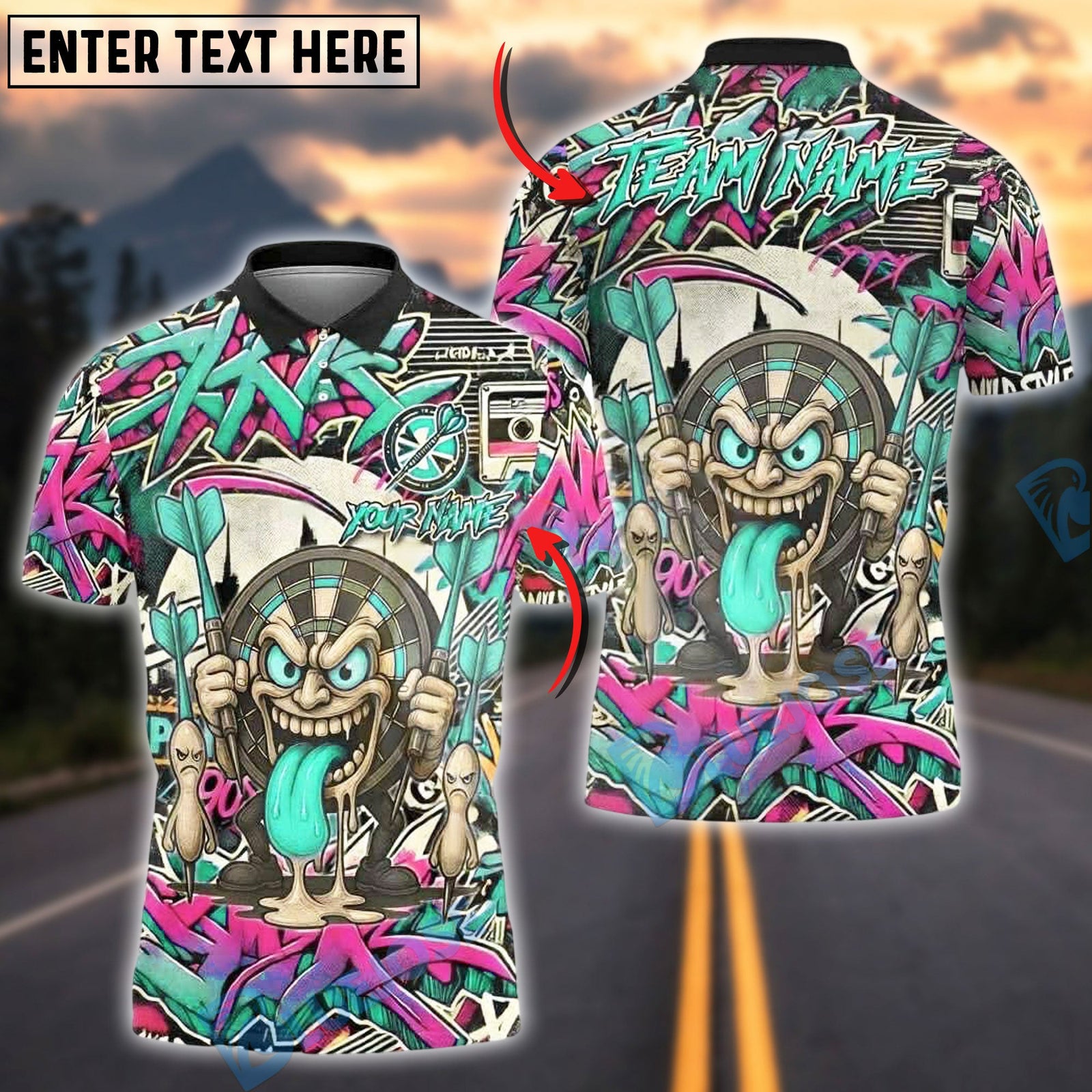 BlueJose Darts Graffiti Crazy Face Customized Name, Team Name 3D Shirt (4 Colors)