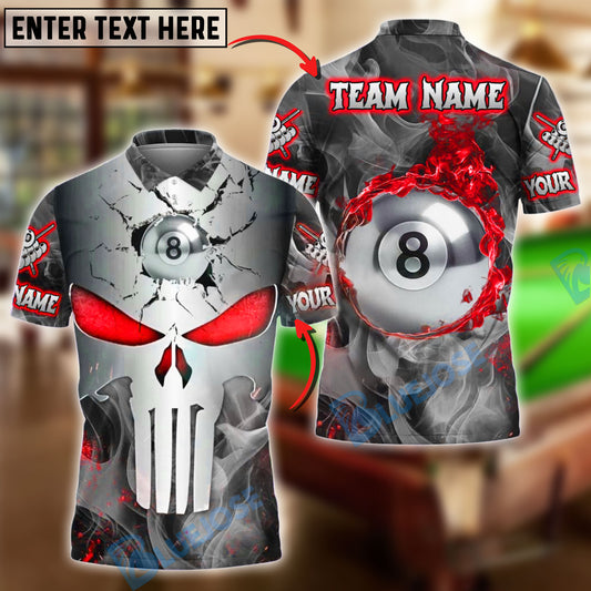 BlueJose Billiards 8 Ball Punisher Skull Metal Fire Personalized Name, Team Name Unisex Shirt (4 Colors)