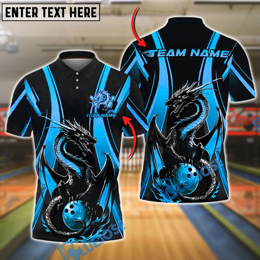 BlueJose Bowling And Pins Dragon Landing On Ball Customized Name, Team Name 3D Shirt (4 Colors)