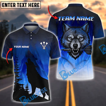 BlueJose Darts Archer Wolf Blue Forest Theme Multicolor Options Personalized Name Shirt (4 Colors)
