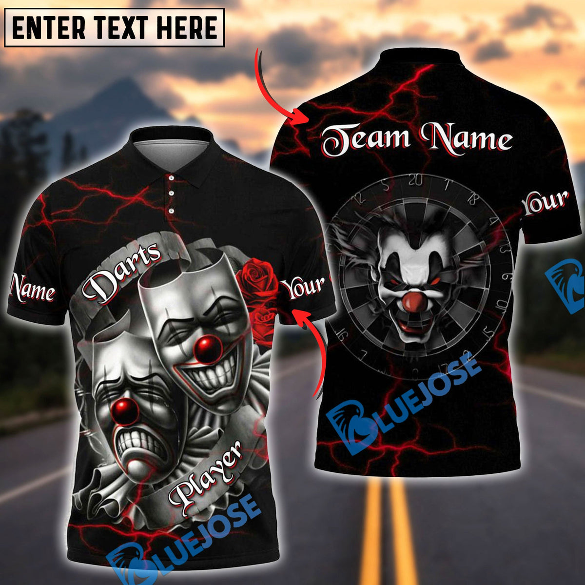 BlueJose Darts Evil Clown &amp; Mask Design Multicolor Options Personalized Name Shirt (4 Colors)