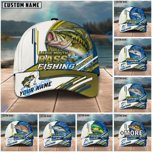 BlueJose Fishing White Multi Line Pattern Personalized Name Classic 3D Cap Personalized Cap (13 Breeds)