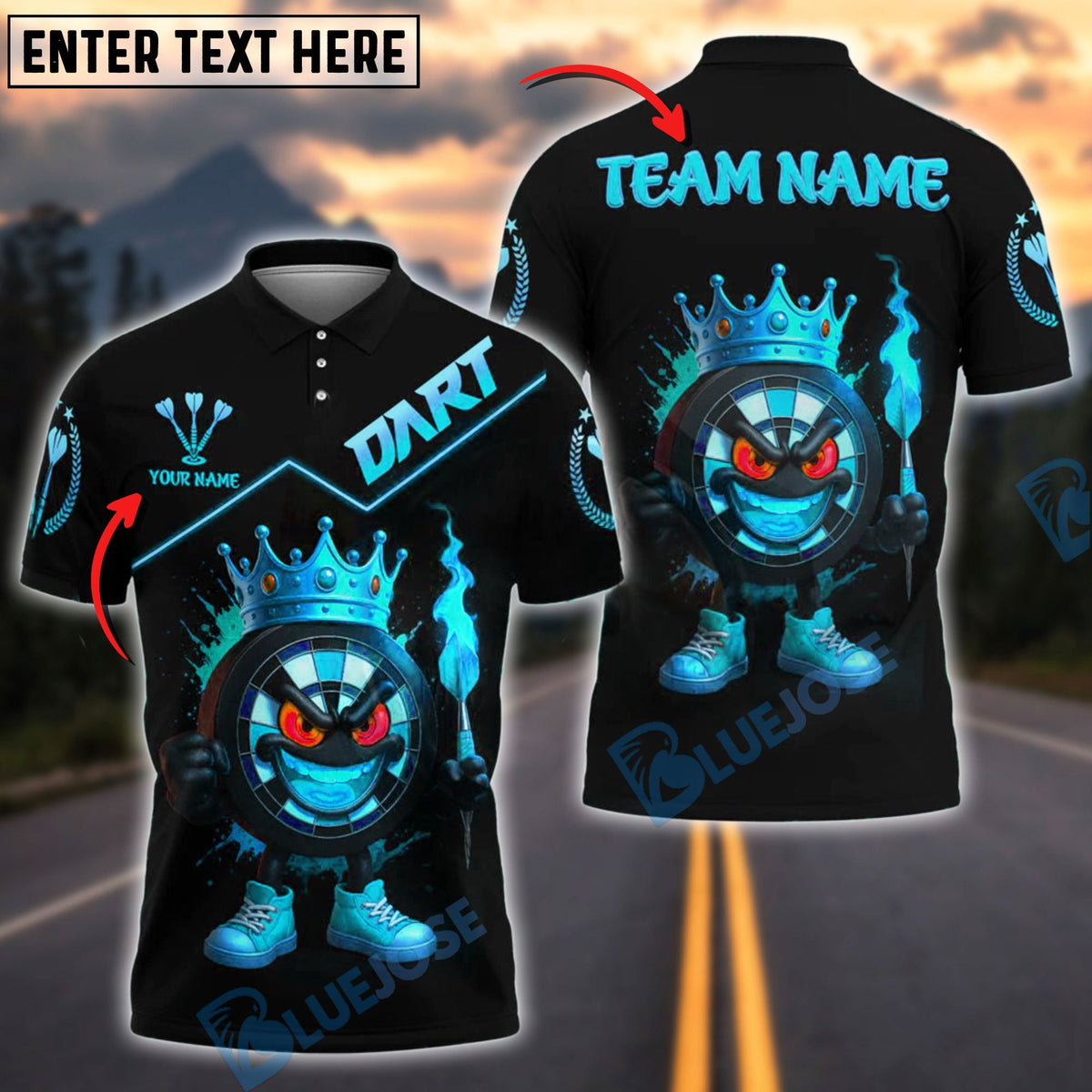 BlueJose Darts Fire King Customized Name, Team Name 3D Shirt (4 Colors)