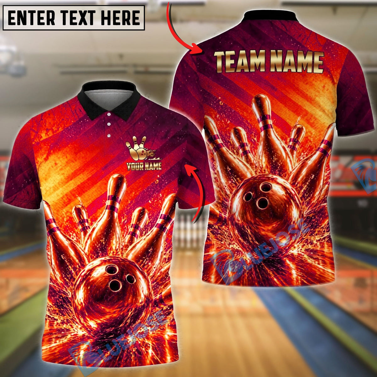 BlueJose Bowling Golden Strike Ball & Pins Explosion Customized Name, Team Name 3D Shirt (6 Colors)