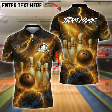 BlueJose Bowling And Pins Fire Thunder Storm Customized Name, Team Name 3D Shirt (6 Colors)