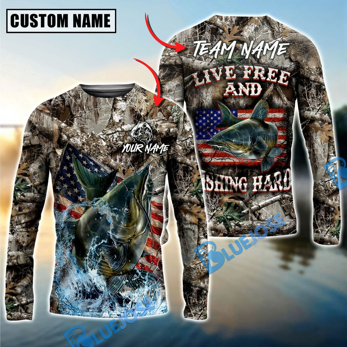 Bluejose Catfish Fishing Patriotic Camo Live Free Custom Name &amp; Team Name 3D Shirts