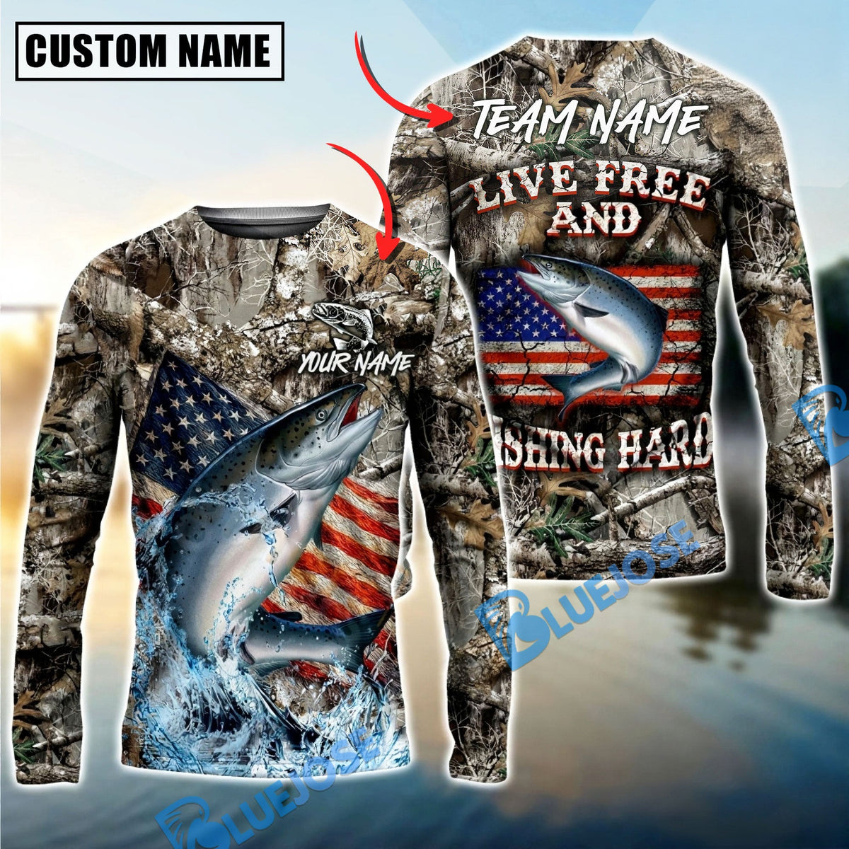 Bluejose Chinook Salmon Fishing Patriotic Camo Live Free Custom Name &amp; Team Name 3D Shirts