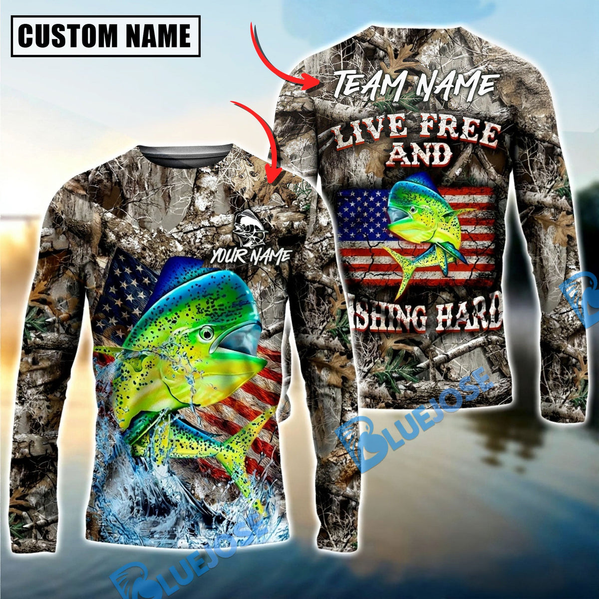 Bluejose Mahi-Mahi Fishing Patriotic Camo Live Free Custom Name &amp; Team Name 3D Shirts