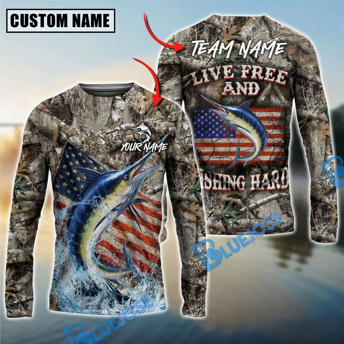 Bluejose Marlin Fishing Patriotic Camo Live Free Custom Name &amp; Team Name 3D Shirts