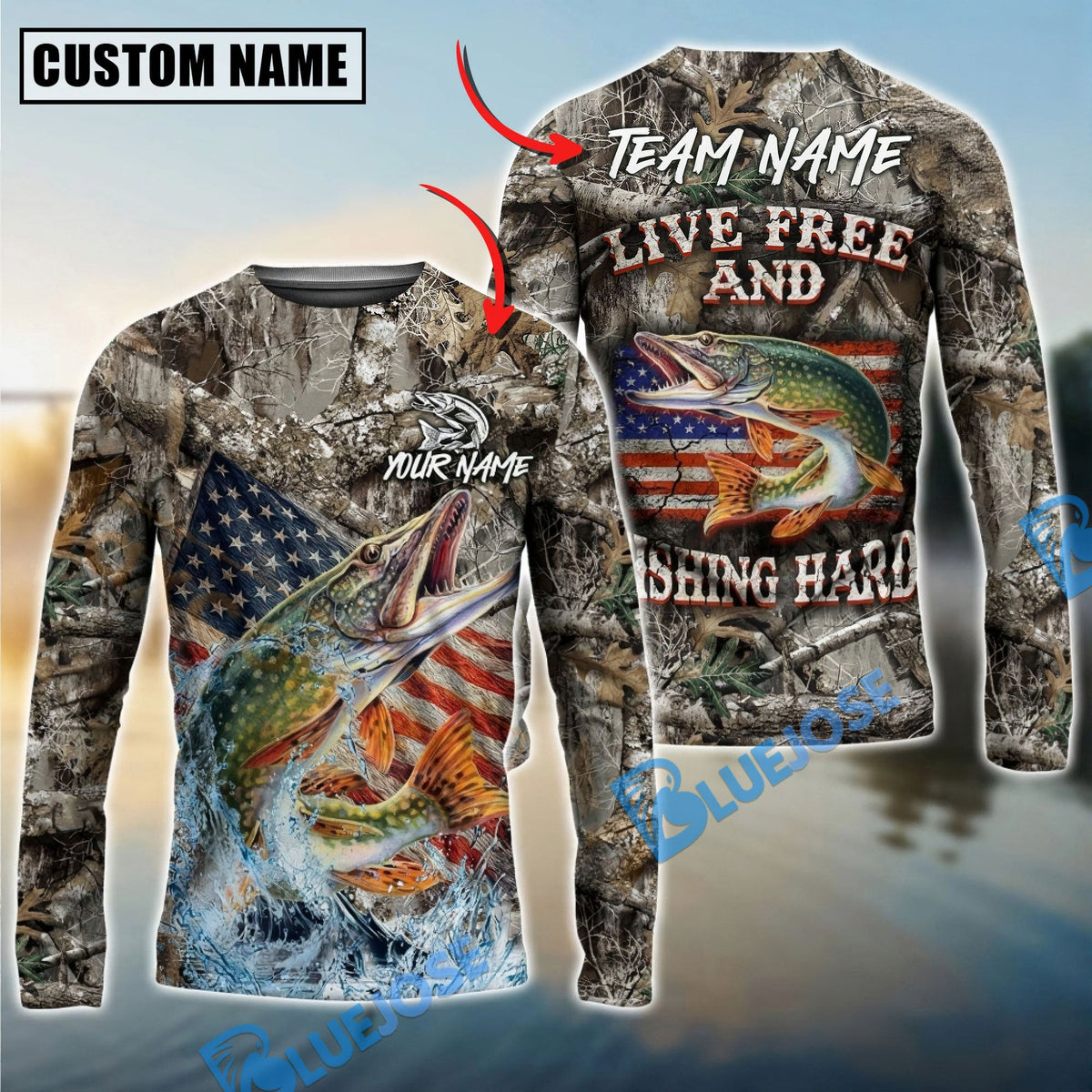 Bluejose Pike Fishing Patriotic Camo Live Free Custom Name &amp; Team Name 3D Shirts