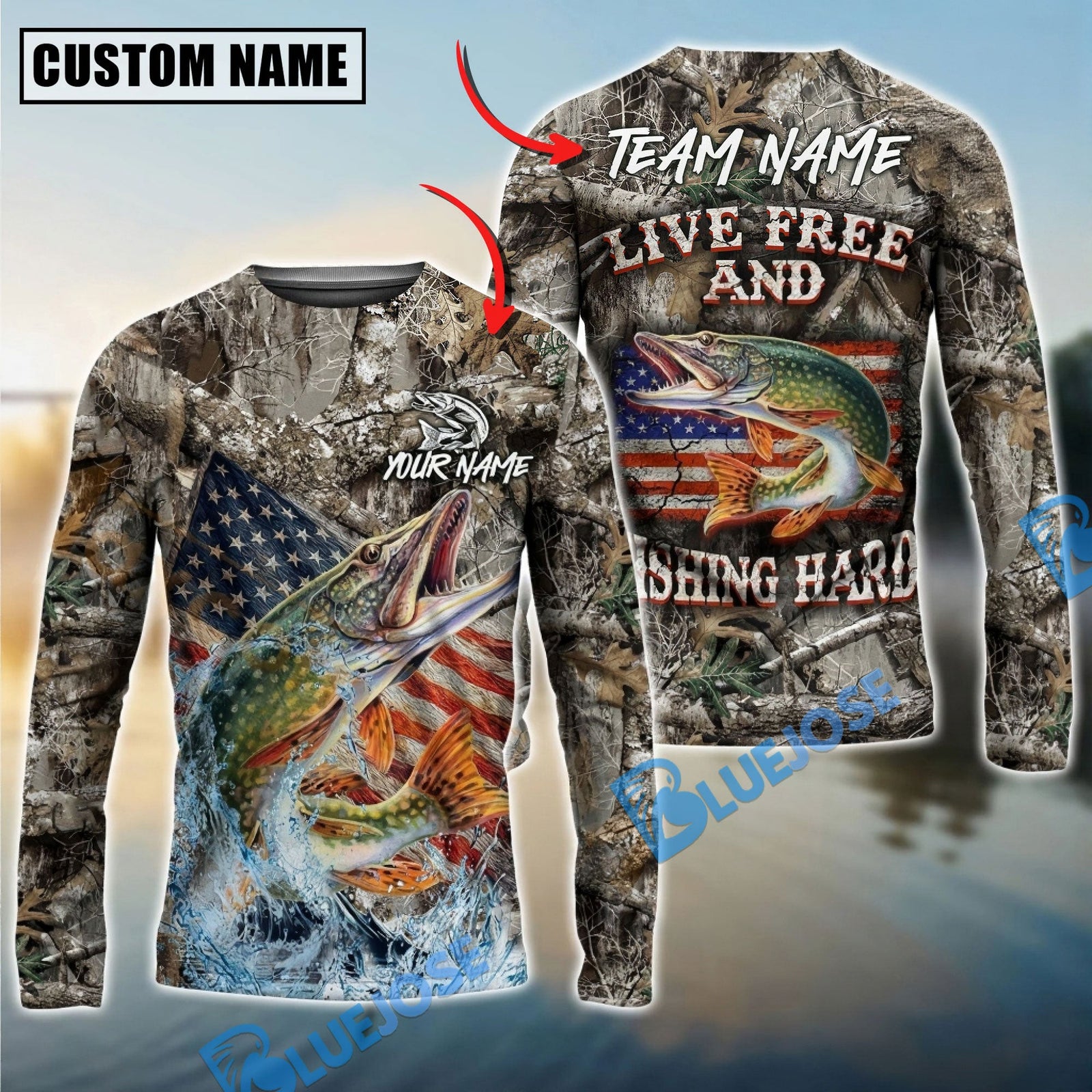 Bluejose Pike Fishing Patriotic Camo Live Free Custom Name & Team Name 3D Shirts