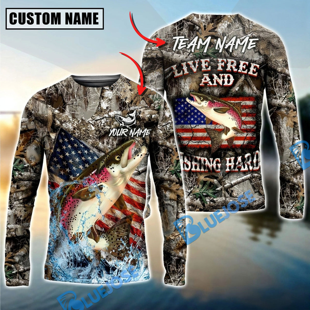 Bluejose Salmon Fishing Patriotic Camo Live Free Custom Name &amp; Team Name 3D Shirts