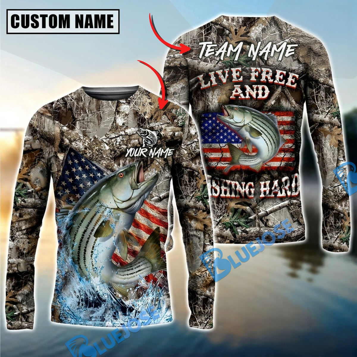 Bluejose Striped Bass Fishing Patriotic Camo Live Free Custom Name &amp; Team Name 3D Shirts