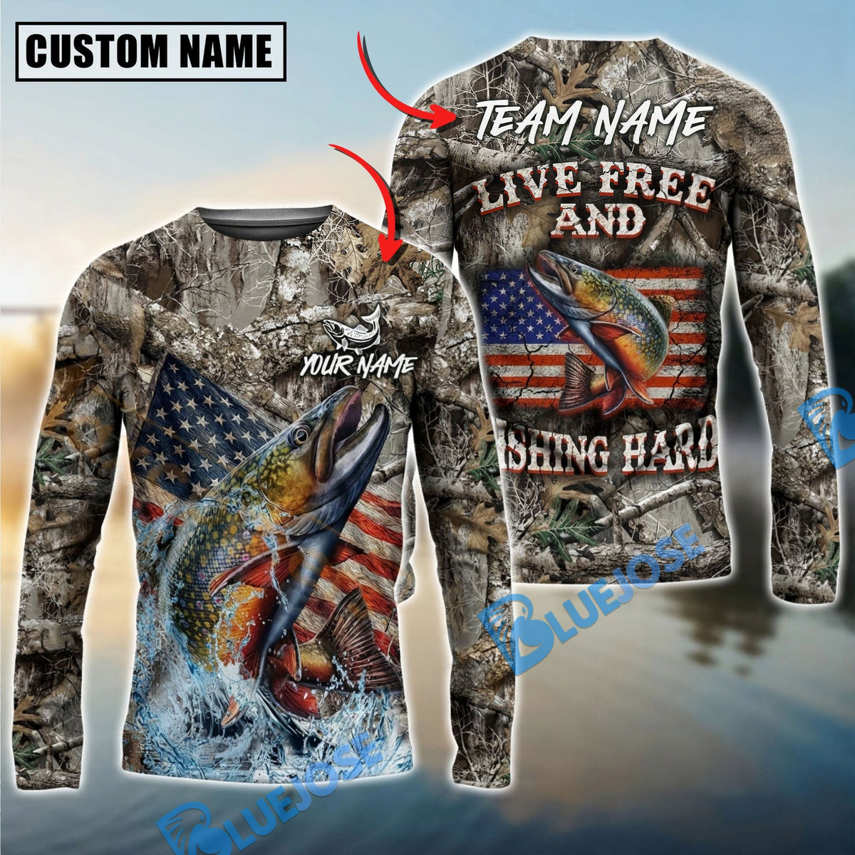 Bluejose Trout Fishing Patriotic Camo Live Free Custom Name &amp; Team Name 3D Shirts