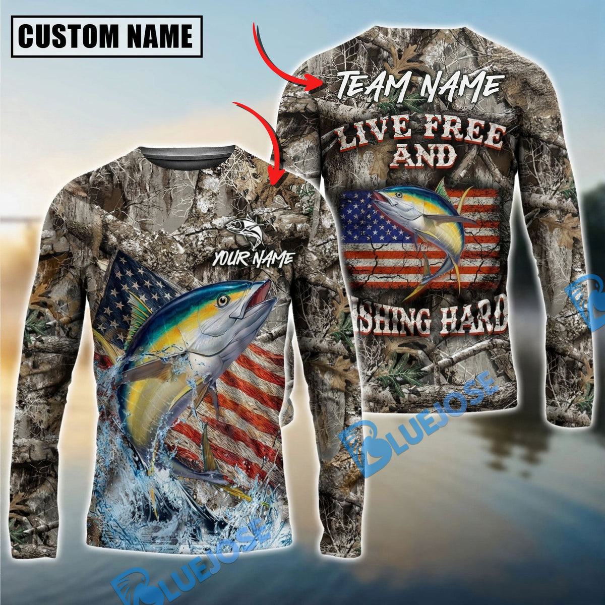 Bluejose Tuna Fishing Patriotic Camo Live Free Custom Name &amp; Team Name 3D Shirts