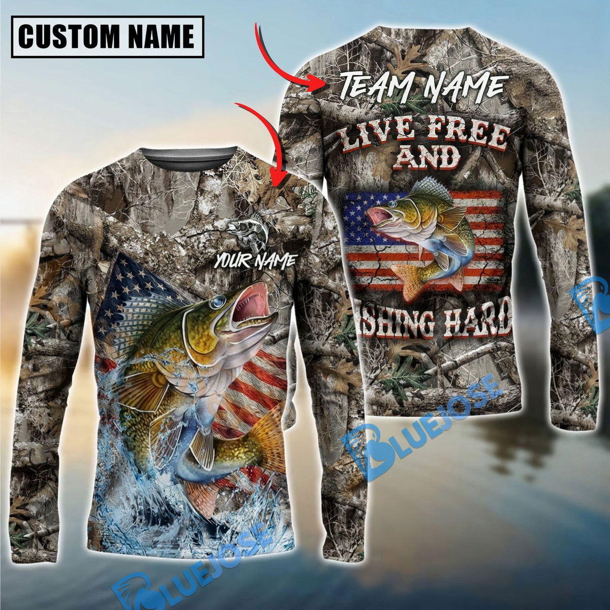 Bluejose Walleye Fishing Patriotic Camo Live Free Custom Name &amp; Team Name 3D Shirts