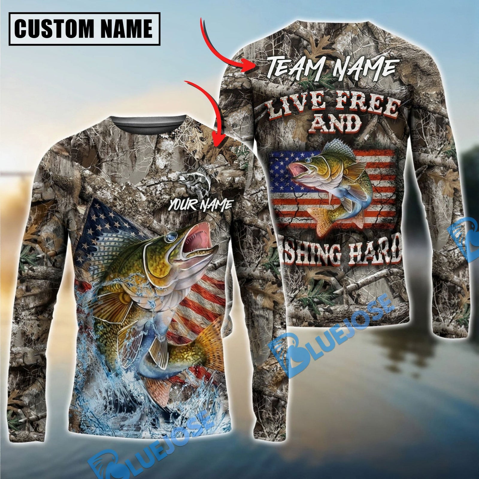 Bluejose Walleye Fishing Patriotic Camo Live Free Custom Name & Team Name 3D Shirts