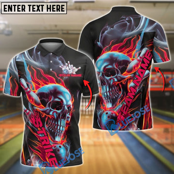 BlueJose Bowling And Pins Flaming Skull Strike Down Customized Name, Team Name 3D Shirt (4 Colors)