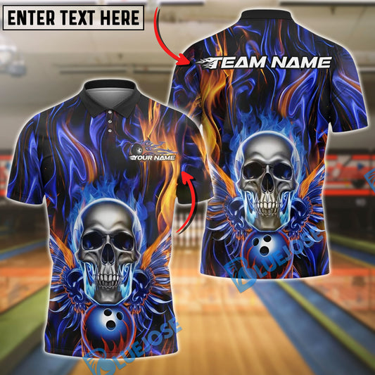 BlueJose Bowling And Pins Fiery Skull Flame Wings Customized Name, Team Name 3D Shirt (4 Colors)