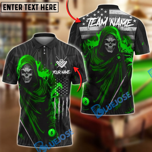 BlueJose Billiards Ball 8 Flame Reaper Skull American Flag Personalized Name & Team Name Shirt (4 Colors)