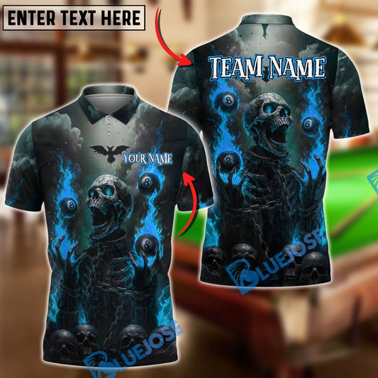 BlueJose Billiards 8 Ball Fiery Skeleton Personalized Name, Team Name Unisex Shirt (4 Colors)