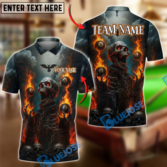 BlueJose Billiards 8 Ball Fiery Skeleton Personalized Name, Team Name Unisex Shirt (4 Colors)