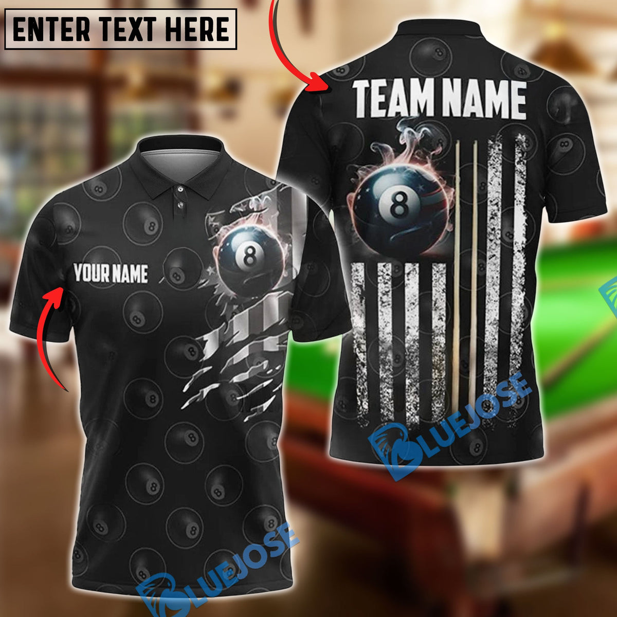 BlueJose Billiards Ball 8 with USA Flag Stripes Pattern Customized Name, Team Name 3D Shirt