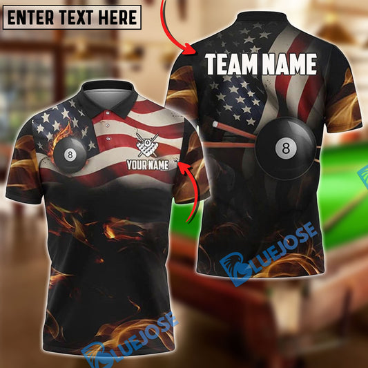 BlueJose Billiards USA Flag with Flaming 8-Ball Customized Name, Team Name 3D Shirt