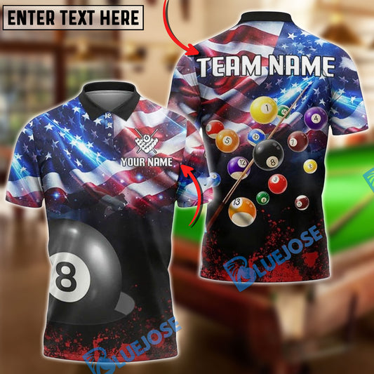 BlueJose Billiards Ball 8 Billiards USA Flag Full Color Rack Customized Name, Team Name 3D Shirt