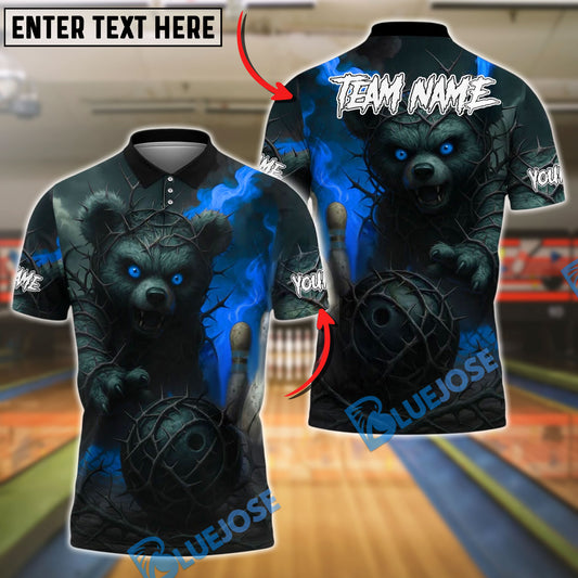 BlueJose Bowling And Pins Dark Bear with Fiery Ball Customized Name, Team Name 3D Shirt (4 Colors)